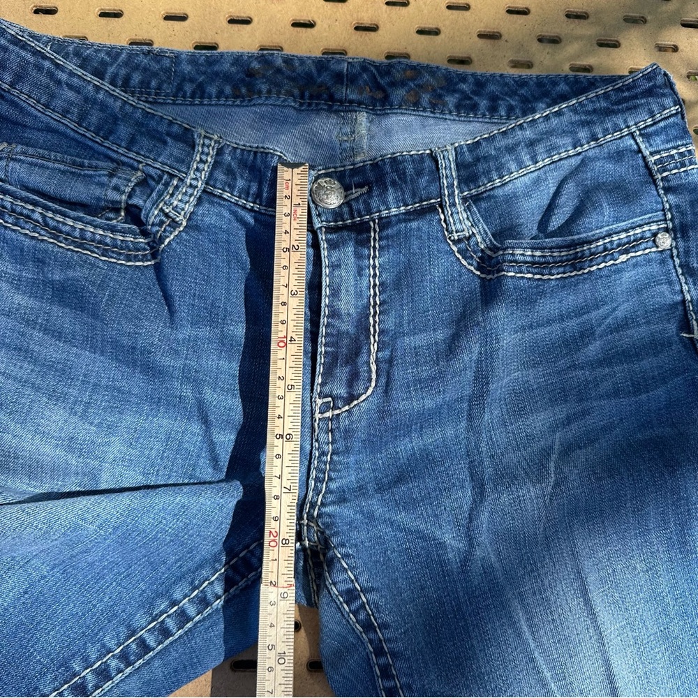 Seven7 Women's Flare Leg Medium Wash Jeans Low Rise with Embroidered Pocket Y2K - Picture 4 of 9